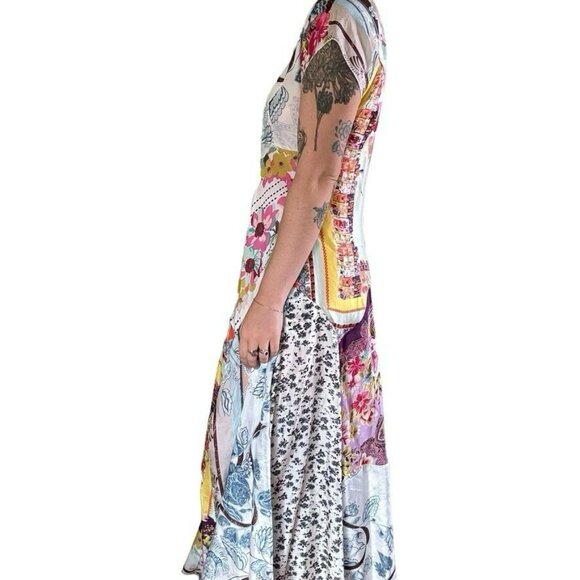 Johnny Was 100% Silk Floral Patch Lagenlook Hippie Boho Maxi Dress Size Large - Picture 4 of 16